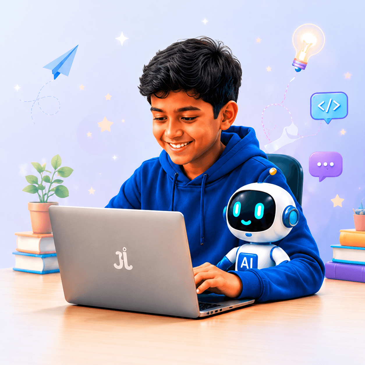 Boy learning on laptop with AI assistant